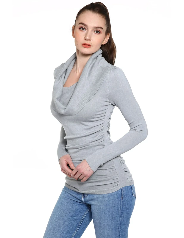 AmélieBoutik Women Cowl Neck Long Sleeve Ruched Sides Pullover Tunic Jumper (Light Bluish Grey X-Small 8)