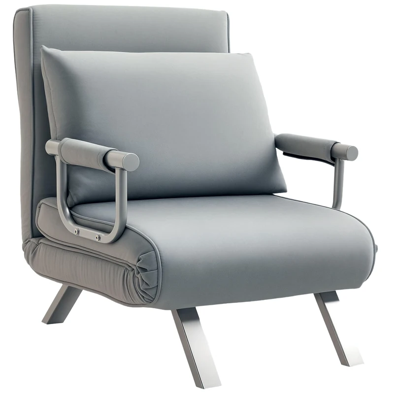 HOMCOM Single Chair Bed, Click Clack Convertible Bed Settee, Modern Faux Suede Upholstered Lounge Couch with Pillow for Living Room, Guest Room, Light Grey