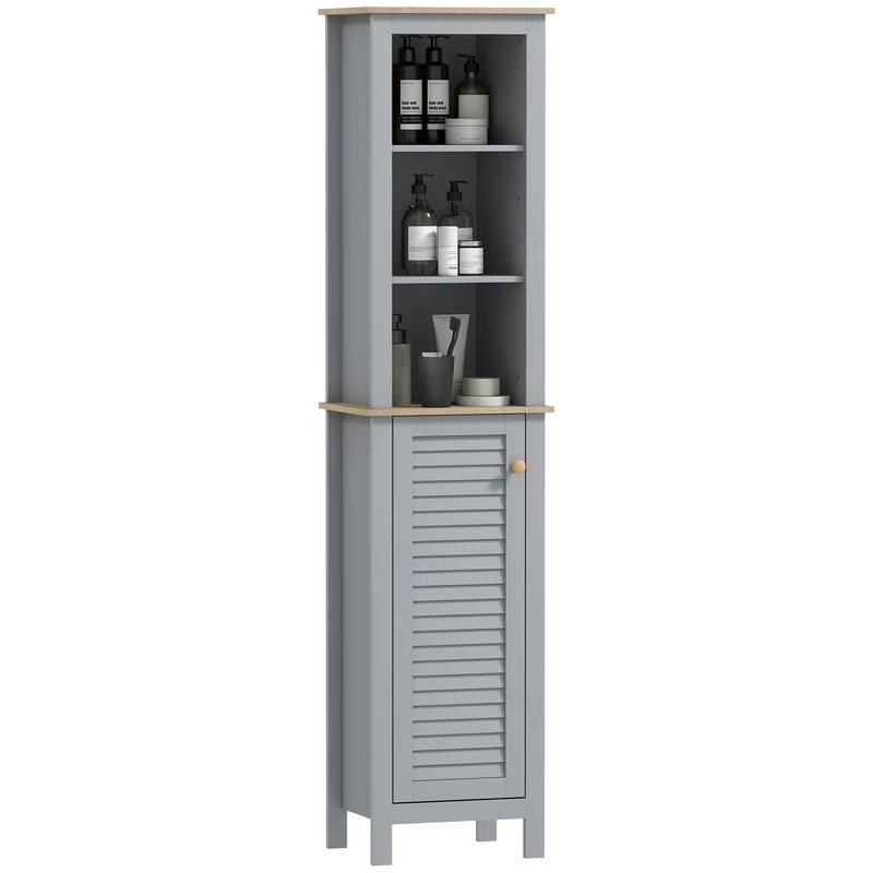 kleankin Bathroom Floor Storage Cabinet with 3 Tier Shelf and Cupboard with Door, Free Standing Linen Tower, Tall Slim Side Organizer Shelves, Grey