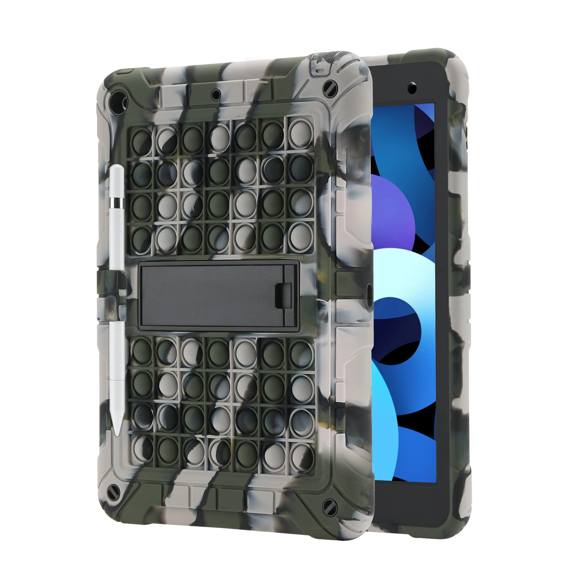 XZC iPad 9th/8th/7th Generation Case (iPad 10.2 Case 2021/2020/2019) Poppet Heavy Duty Shockproof Bumper Protection Cover with Pencil Holder/Strap (Camouflage)