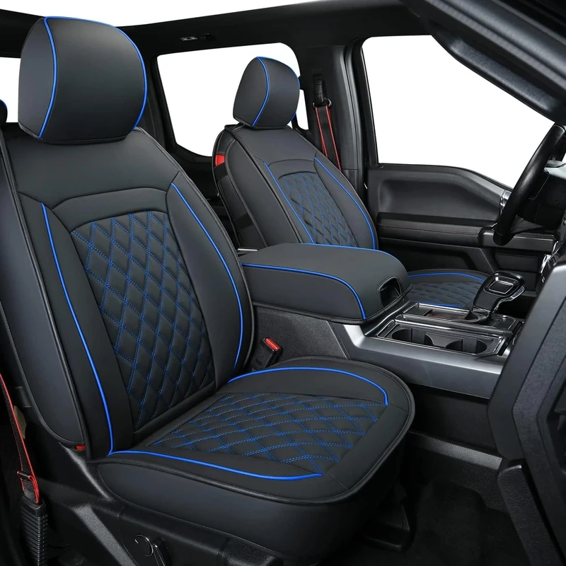 LUCKYMAN CLUB F150 Faux Leather Seat Covers S07-Q2, Fit for 2015-2024 F150 SuperCrew and 2017-2024 F250 F350 F450 Super Duty Crew Cab Pickup Trucks(Full Set, Black&Blue)