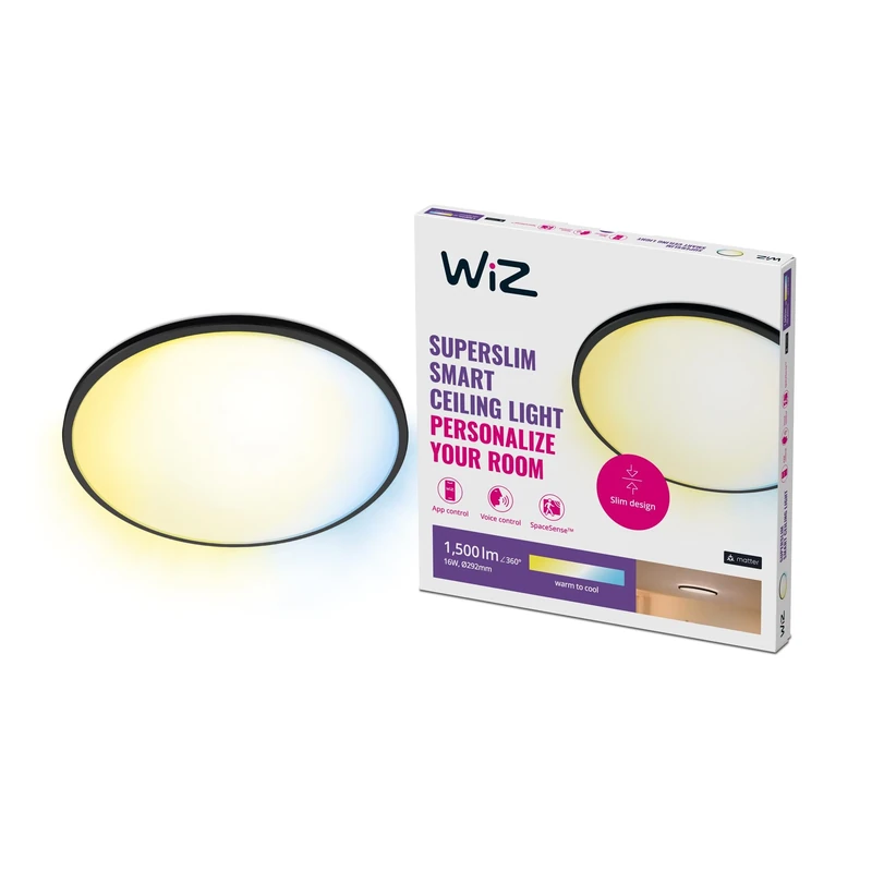 WiZ Superslim Tunable White Ceiling Light [16W - Black] WiFi Connected LED Lighting for Livingroom, Bedroom, and Home.
