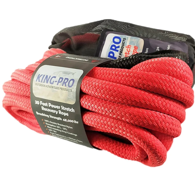 KING-PRO Kinetic Recovery Rope 7/8“x30' Towing Rope 30,000lbs Breaking Strength 100% Nylon Made Heavy Duty Offroad Snatch Strap 30% Elasticity for Full-Size Truck Large SUVs Offroad Vehicels (Red)