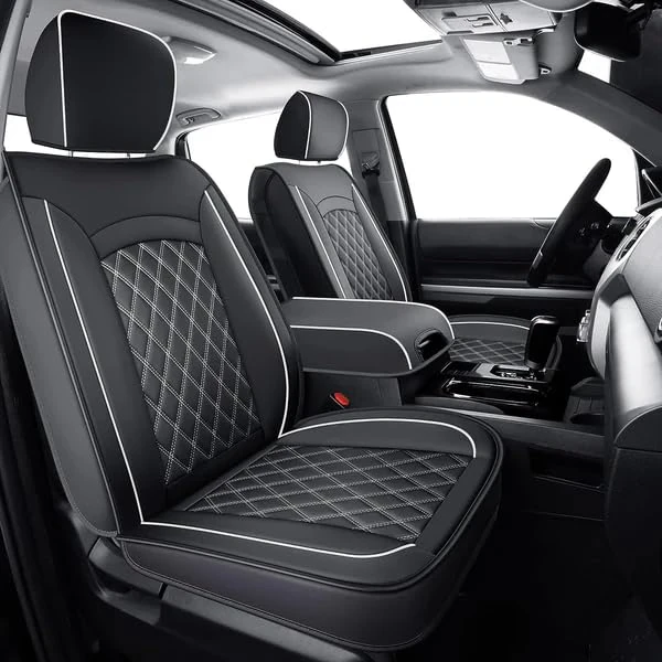 LUCKYMAN CLUB F150 Faux Leather Seat Covers S07-Q2, Fit for 2015-2024 F150 SuperCrew and 2017-2024 F250 F350 F450 Super Duty Crew Cab Pickup Trucks(Full Set, Black&White)