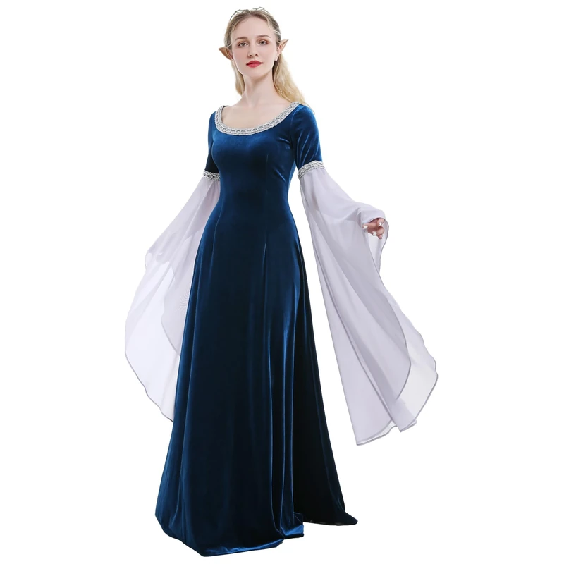 daizbella Medieval Renaissance Costume Dress Handmade Historical Retro Dress Velvet Gown with Chiffon Sleeves, Dark Blue, Medium