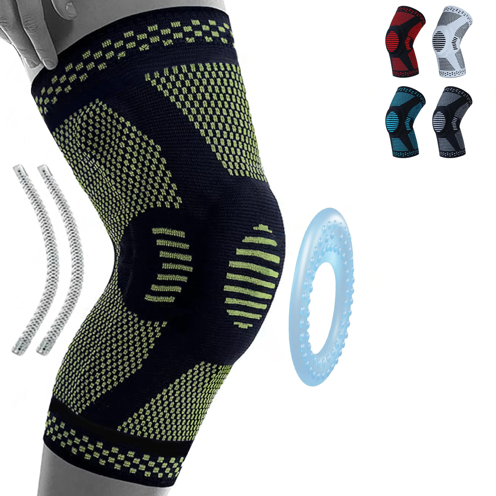 360 RELIEF - Compression Knee Brace with Gel Pads and Side Knee Stabilizers, Joint Support, Comfort, Active Recovery, Running, Workout Protection - Medium, Green + Laundry Bag