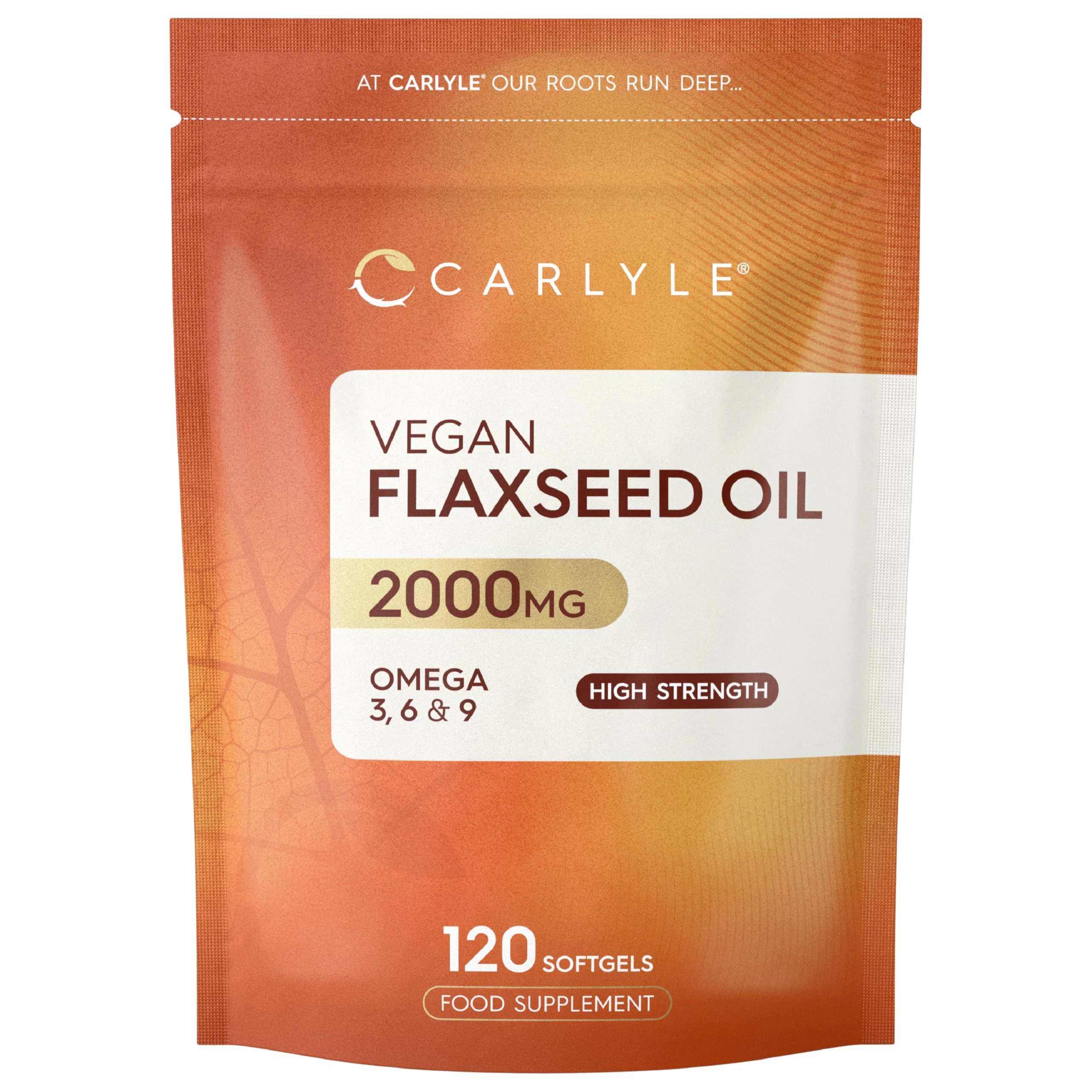 Flaxseed Oil Capsules 2000mg | 120 Vegan Softgels | High Strength Supplement with Omega 3 6 & 9 | Cold Pressed | by Carlyle