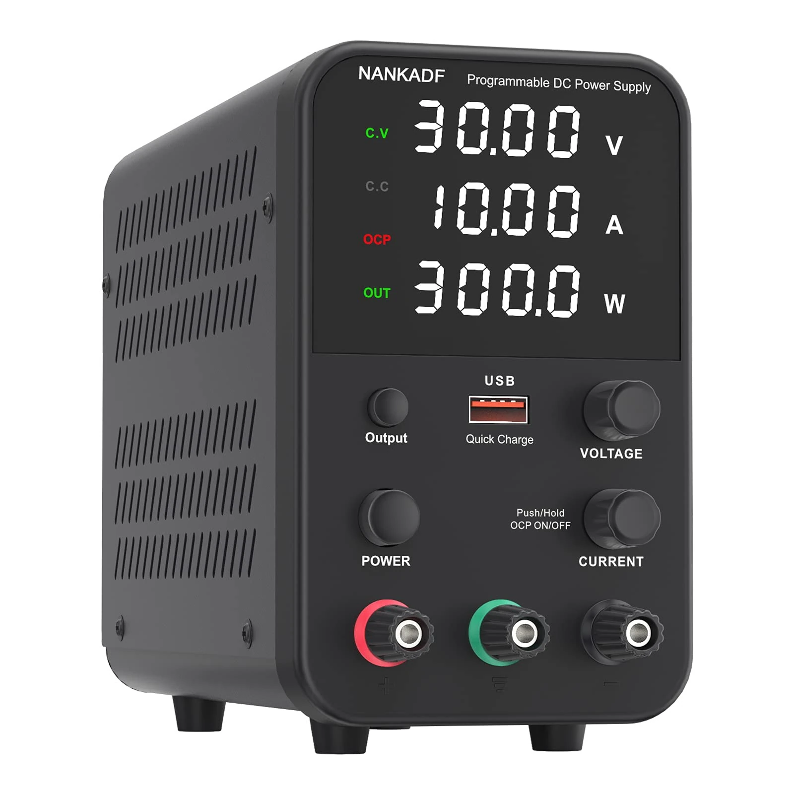 DC power supply (0-30V,0-10A) adjustable, switching power supplies, mini high precision 4-digit display with USB fast charging interface, variable lab bench power supply, output button/encoder knob