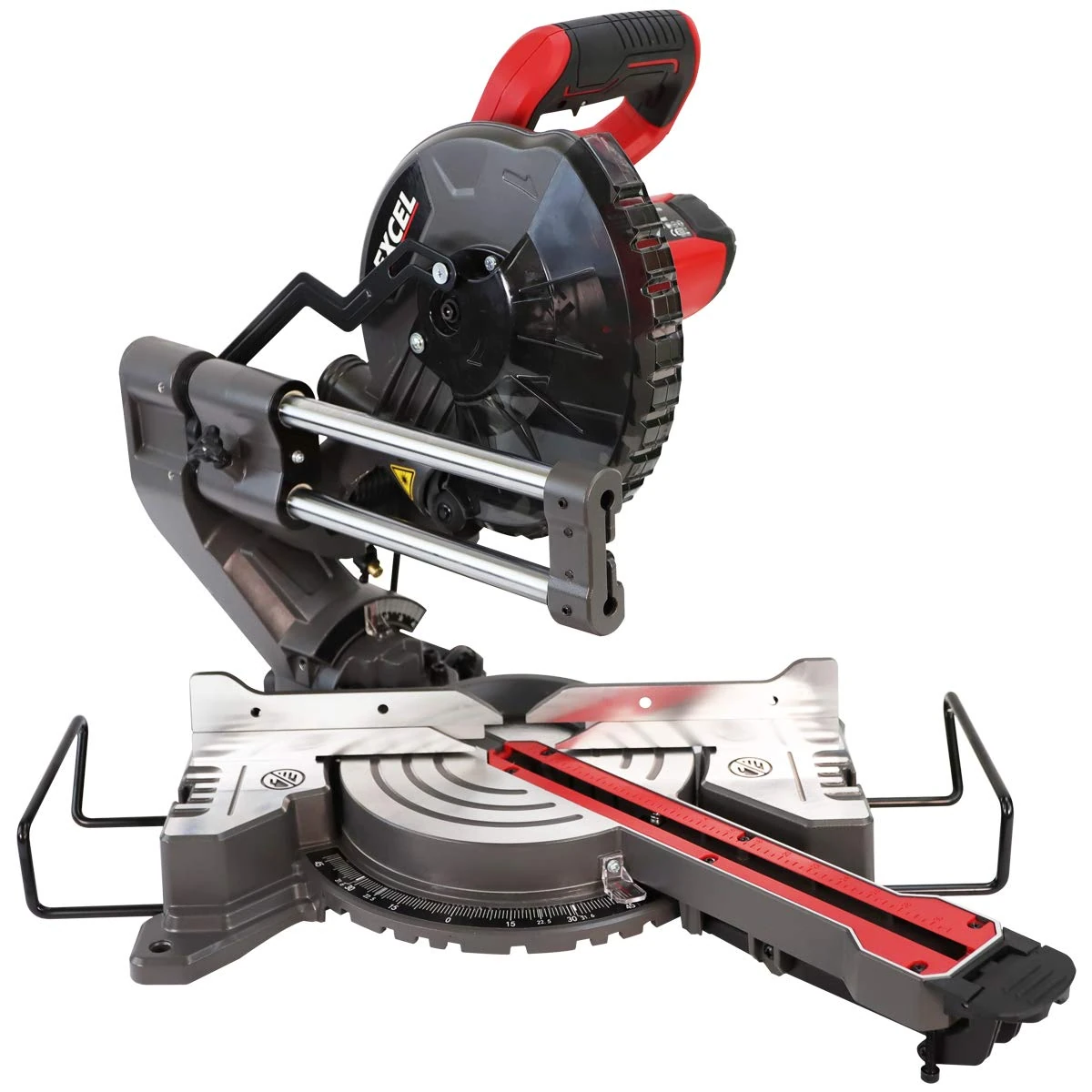 Excel 8.5" 216mm Mitre Saw Large Base 1500W/240V ~ 50Hz with Laser - No Load Speed 5000RPM, Mitre Cut 155 x 70mm, Compound Cut 155 x 35mm, Blade, Extension Bar, Dust Bag, Belt Drive