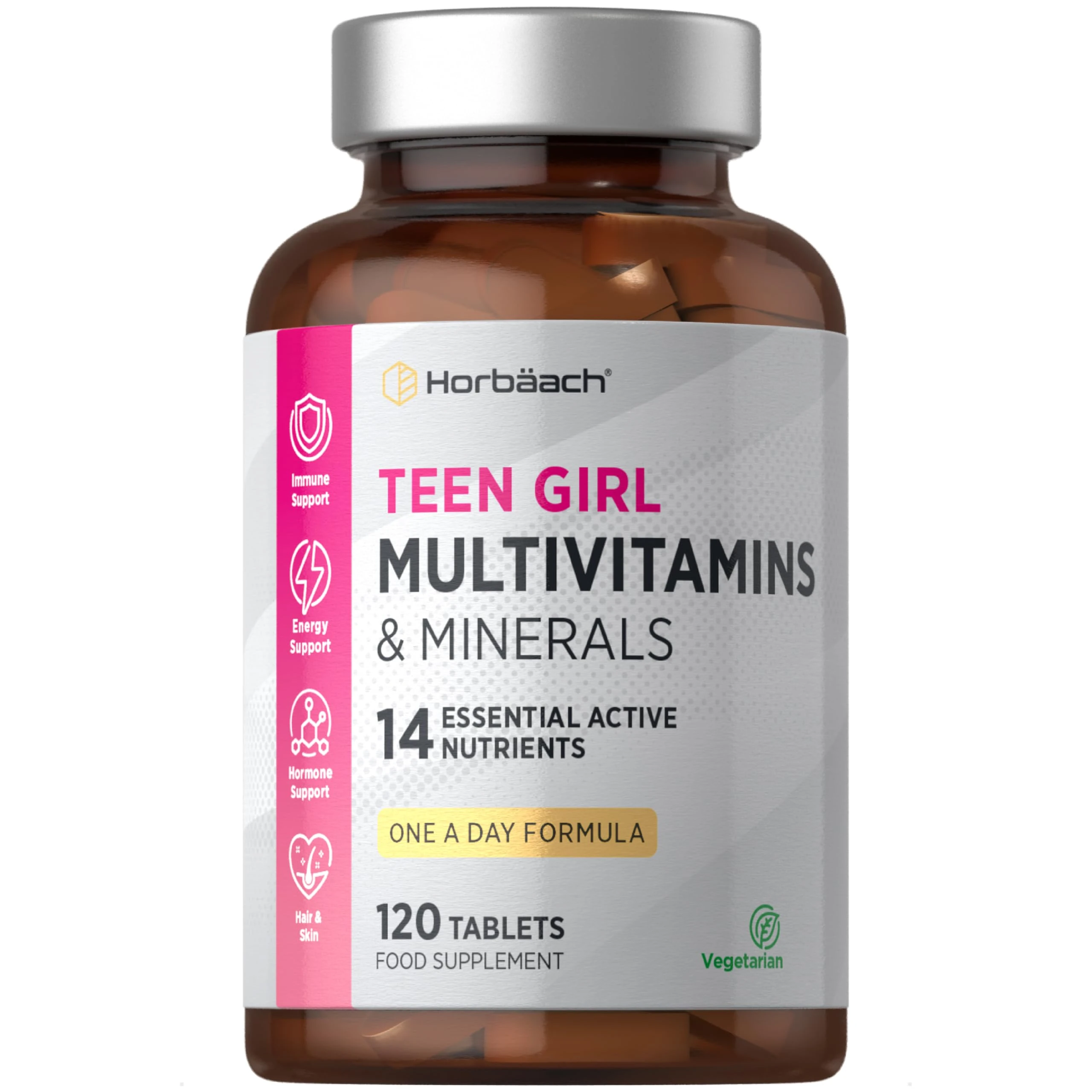 Multivitamin Tablets for Teen Girls | 120 Count | 14 Essential A-Z Vitamins and Nutrients | with Iron, Vitamin B12, Folic Acid and Magnesium | Vegetarian | by Horbaach