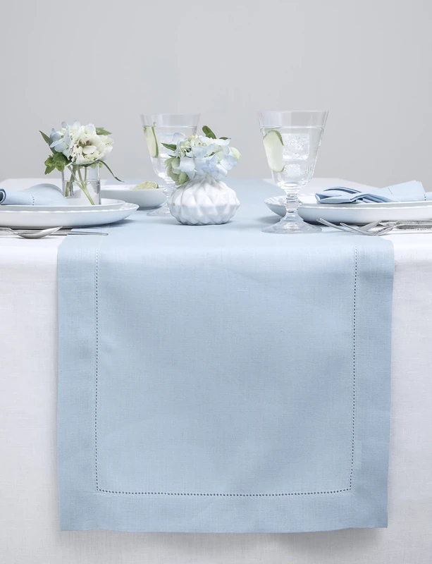 Solino Home 100% Pure Linen Hemstitch Table Runner - 14 x 108 Inch, Handcrafted from European Flax, Machine Washable Classic Hemstitch - Sky Blue