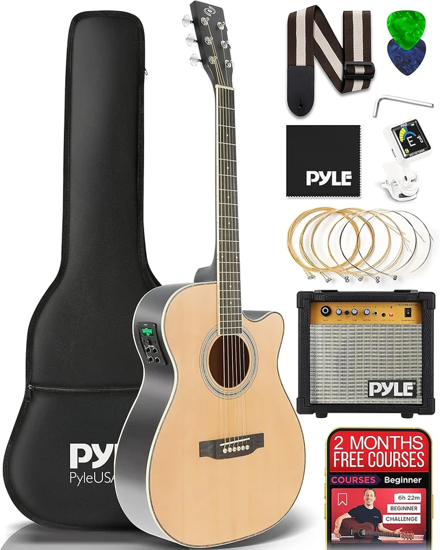 Pyle Electric Acoustic Guitar Full Size, Guitar for Beginners, 4/4 Electro-acoustic Guitars w/ Amp Kit & Accessories, 104cm Wood Steel String Instrument for Kids & Adults, 2 Months Free Online Lessons