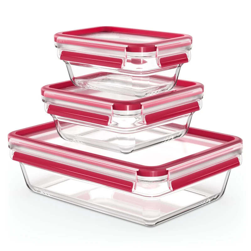 Emsa Clip & Close Glass Food Storage Containers Set, Rectangular, 0.45 and 0.8 and 2 L, 100% Leak-Proof, Glass Containers, Dishwasher, Freezer, Oven, Microwave Safe, Red, Transparent, N10509