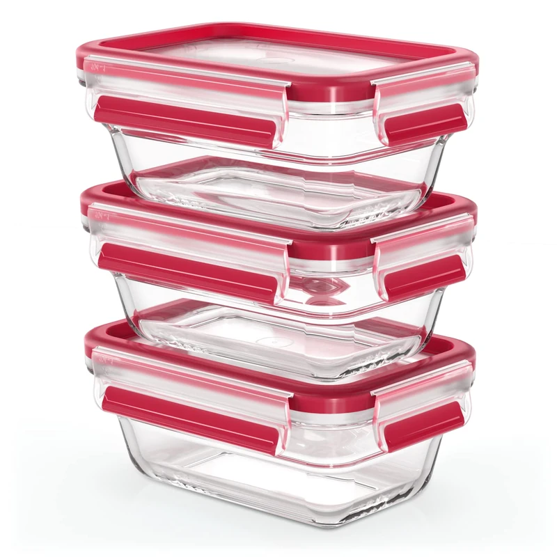 Emsa Clip & Close Glass Food Storage Container, Rectangular, 0.45 L, 100% Leak-Proof, Non-Slip Stacking, Glass Container, Dishwasher, Freezer, Oven, Microwave Safe, Red, Transparent, N10511