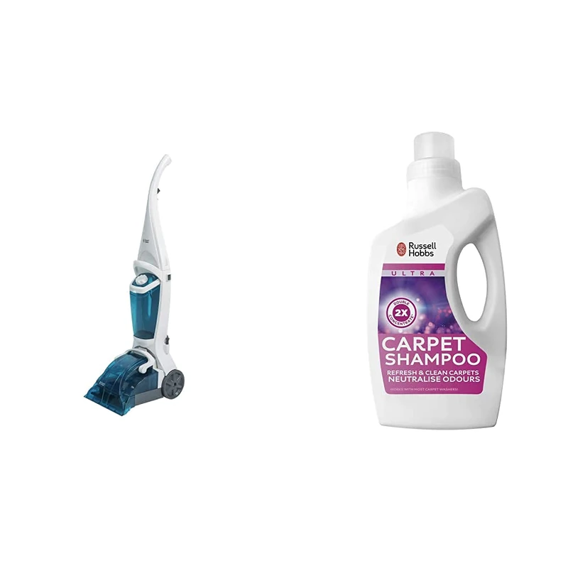 Russell Hobbs RHCC5001 Lightweight 600W Carpet Washer & Cleaner, White & Aqua with 1L RHSMP103AB Carpet Shampoo in Alpine Fragrance Solutions, 1.5L Water Tank & Free 2 Year Guarantee