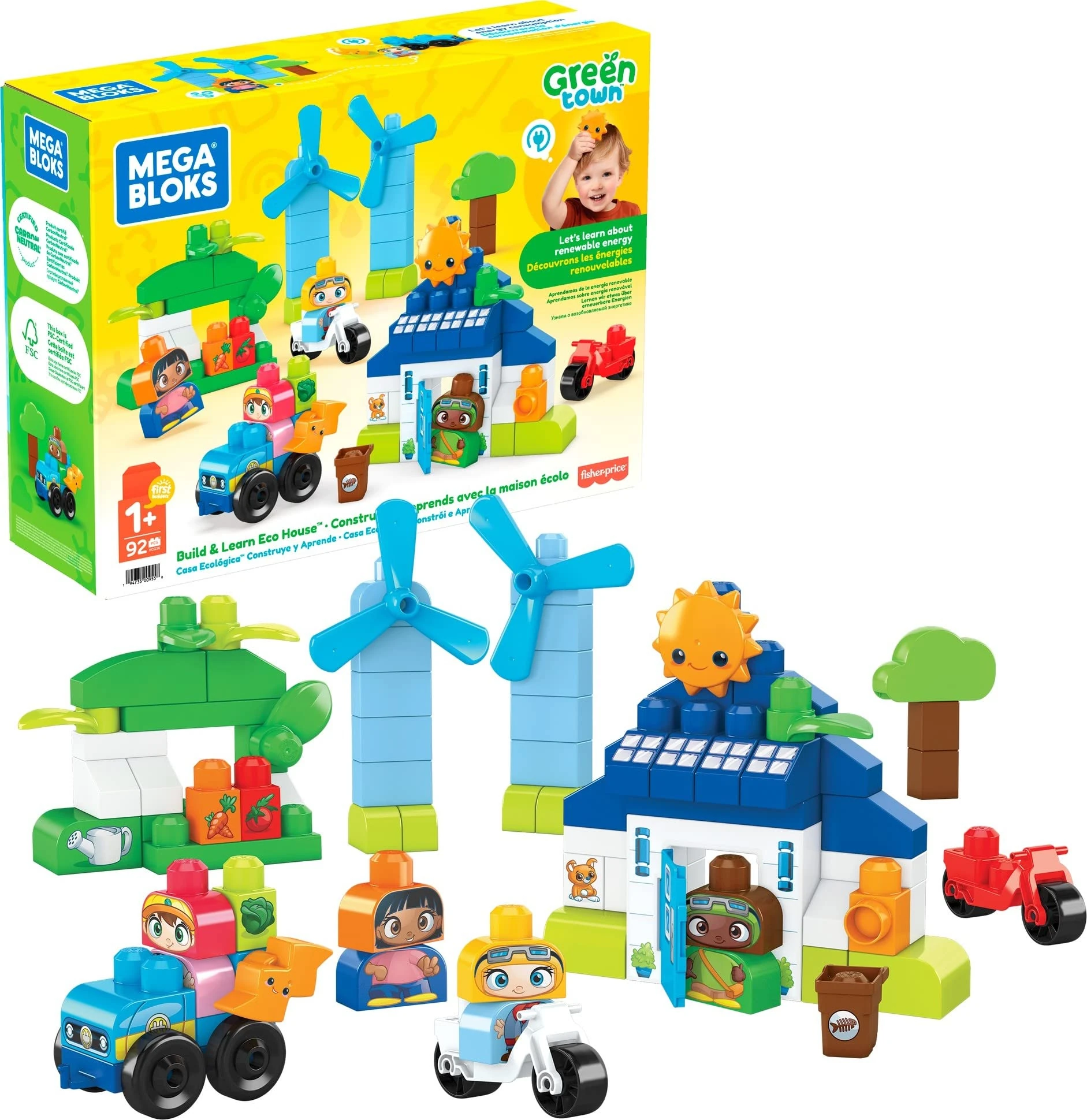 MEGA BLOKS Fisher-Price Toddler Building Blocks, Green Town Build & Learn Eco House with 88 Pieces, 4 Figures, Kids Age 1+ Years, HCG36