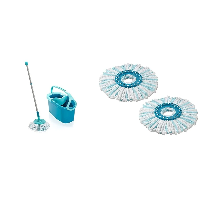 Leifheit Clean Twist Disc Mop Ergo Mop and Bucket, Floor Mop with Moisture-Controlled Spin Mop & Replacement Mop Head Clean Twist Disc Mop x 2 Pack, 2 Fibre System