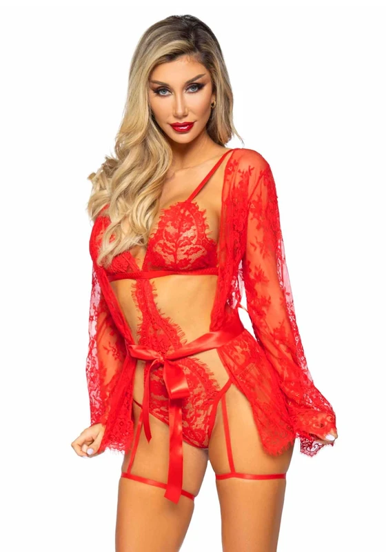Leg Avenue womens 3 Pc Eyelash Lace Garter Teddy With G-string Back and Adjustable Straps, Lace Robe, and Ribbon Tie, Red, Medium - Image 1
