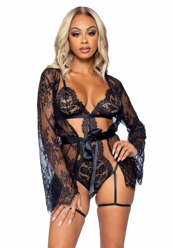 Leg Avenue womens 3 Pc Eyelash Lace Garter Teddy With G-string Back and Adjustable Straps, Lace Robe, and Ribbon Tie, Black, Large