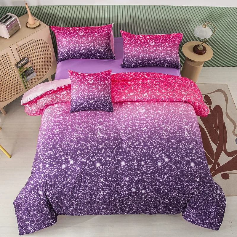 PERFEMET AONELAS Purple Glitter Comforter Set Twin Size 6 Pieces Bed in A Bag for Teen Girls 3D Colorful Rainbow Bedding Comforter Sheet Set Ultra Soft Galaxy Quilted Duvet