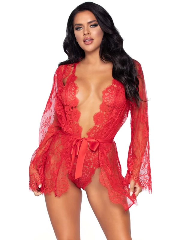 Leg Avenue Women's 3 Pc Lace Teddy and Robe Set, Multi, 1X-2X