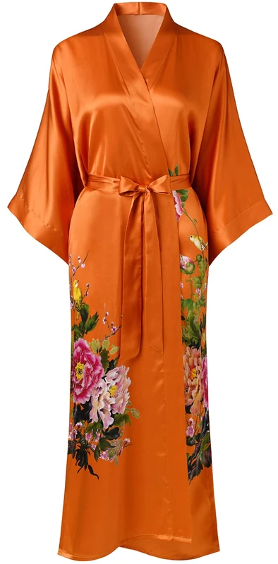 Ledamon Women's 100% Silk Kimono Long Robe - Classic Colors and Prints (Silk, Dark Orange-a)