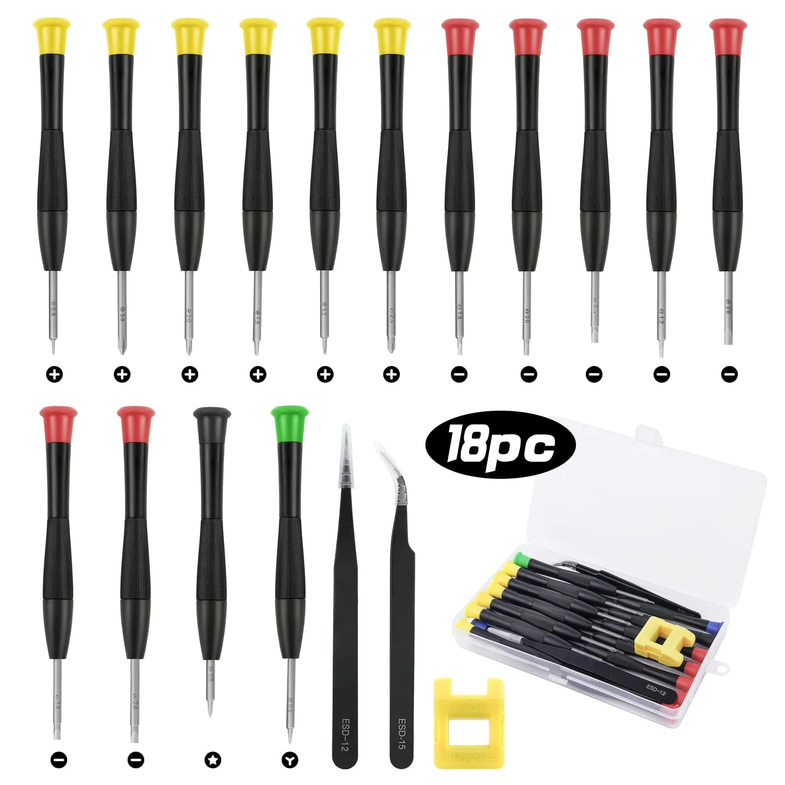 Ainiv Precision Repair Screwdriver Set,15PCS Small Screwdriver with with 2PCS Tweezers and 1 Magnetizer Screwdriver Kit Tool for PS4 Watchmakers Jewellers Eyeglasses Sunglasses Repair