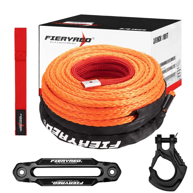 FIERYRED Synthetic Winch Rope 3/8 Inch 100FT - 23809Ibs Winch Line Cable Rope with Winch Hook Fairleads for 4WD Off Road Vehicle ATV UTV SUV SUV Trucks