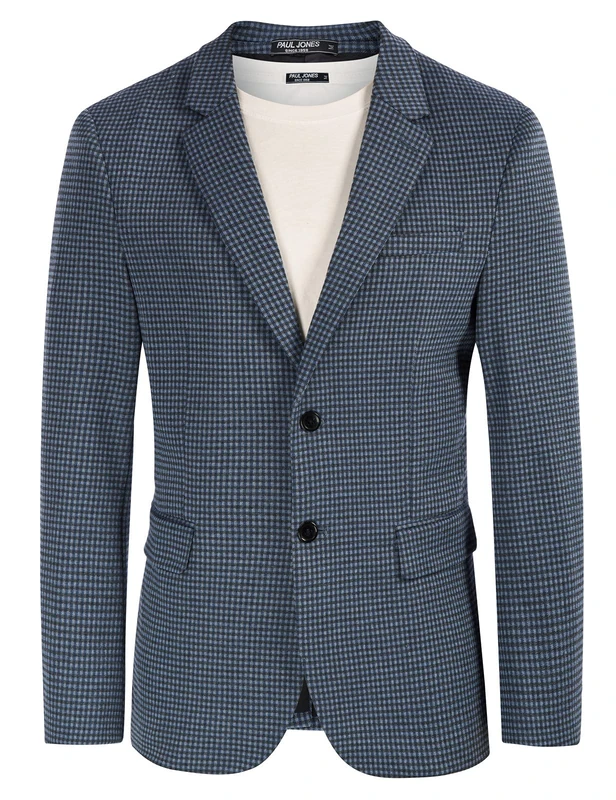 PJ PAUL JONES Men's Herringbone Blazer Jacket Lightweight Casual Knit Sport Coat, Grid-Blue, L