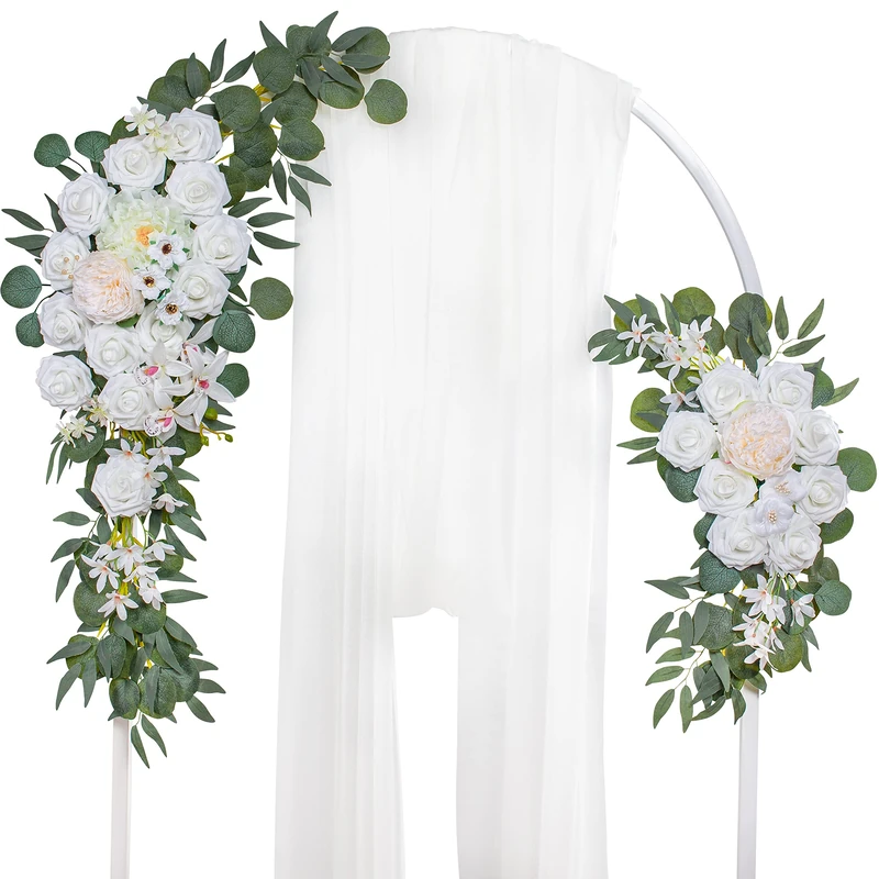 Lisuun Artificial Wedding Arch Flowers Kit(Pack of 2) - Ivory White Rose Floral Arrangement for Ceremony and Reception Backdrop Decoration
