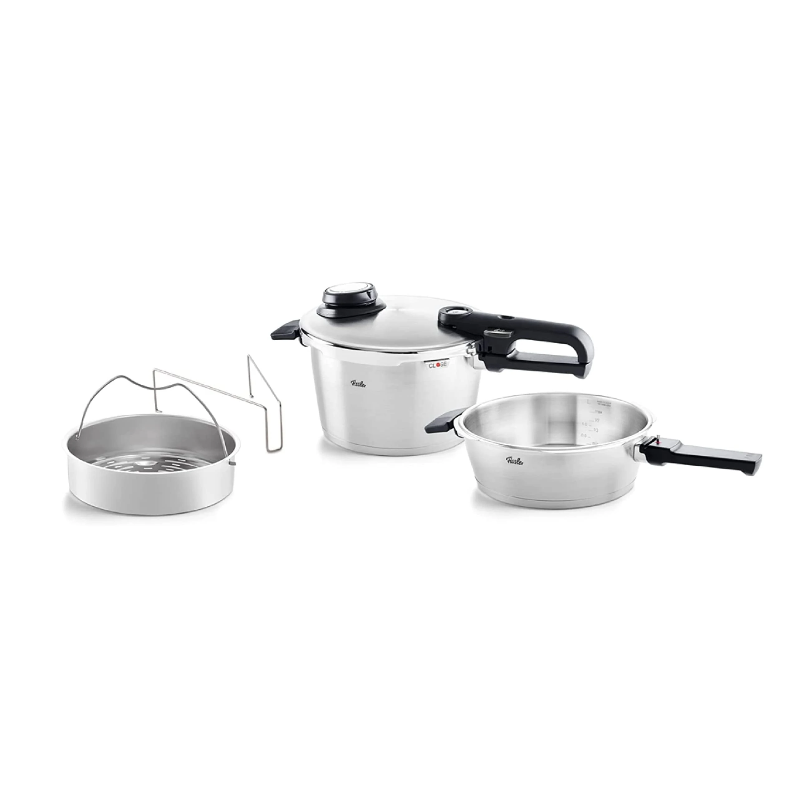 Fissler Vitavit Premium Pressure Cooker Set, 4 Pieces (4.5 L - Diameter 22 cm & Pressure Frying Pan 2.5 L - Diameter 22 cm) with Metal Lid, Insert - Induction, Silver