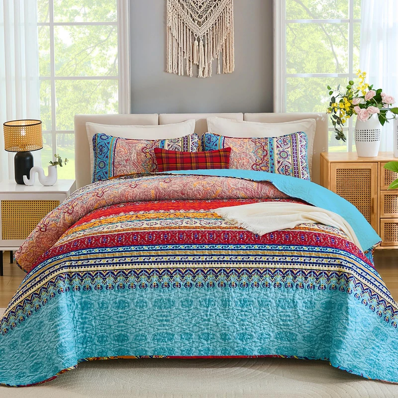 Bohemian Quilt Set Twin, Boho Striped Printed Bedding Quilt Set Coverlet with Pillow Shams, Lightweight Microfiber Bedspread Set for All Seasons (2 Pieces, Twin Size)