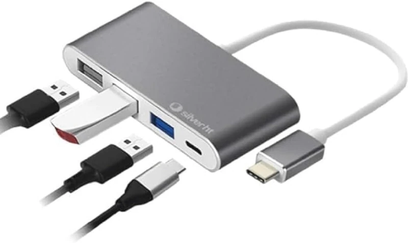 Silver HT 4-in-1 Logan USB-C Hub, Compatible with iPhone 15. 1 USB 3.0 Output, 2 USB 2.0 Outputs, 1 High Speed USB-C Output.Compatible with Apple/Windows/Android