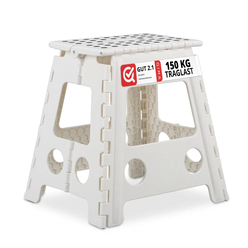 Relaxdays Folding Stool, Camping Stool, Large Bathroom Stool, up to 150 kg, Plastic, H x W x D: 39 x 39 x 32 cm, White, XL
