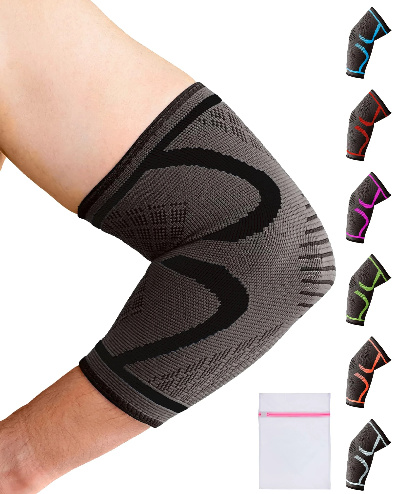 360 RELIEF Elbow Support for Men, Women, Kids, 1 Pack Compression Elbow Sleeve for Tennis, Golfers, Sports, Fitness, Gym, Weightlifting, Medium, Black + Laundry Bag