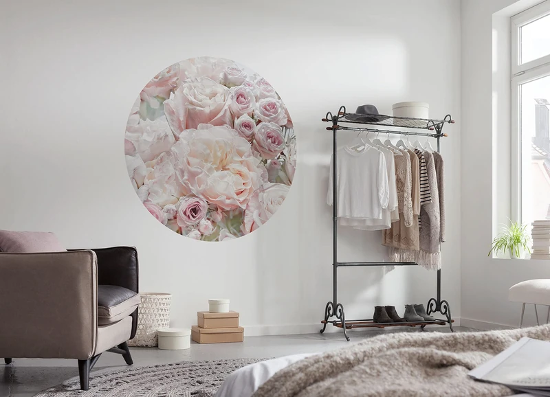 Komar DOT D1-072 Round and Self-Adhesive Non-Woven Photo Wallpaper - Pink and Cream Roses - Diameter 125 cm - Roses, Flowers, Wallpaper, Wall Sticker, Bedroom, Living Room, Wall Decoration
