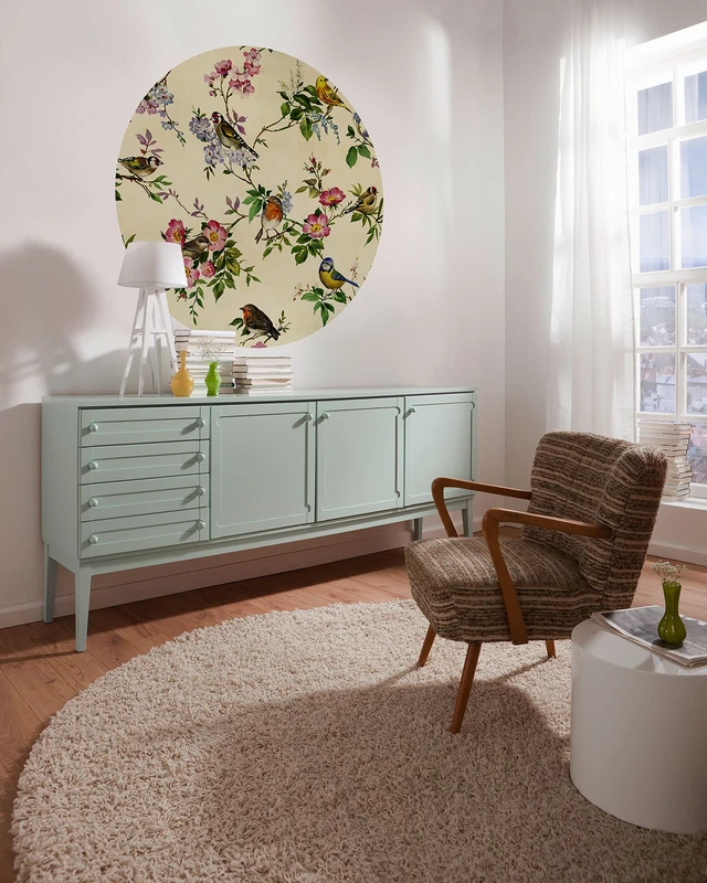 Komar DOT D1-100 Round and Self-Adhesive Non-Woven Photo Wallpaper - Bird Party - Diameter 125 cm - Birds, Ornithology, Wallpaper, Wall Sticker, Bedroom, Living Room, Wall Decoration