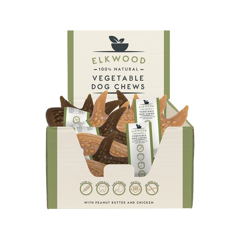 Elkwood 100% Natural Dog Treats, Antler Shaped Dental Chews, Low in Fat, Gluten Free Small Dog Chews - Peanut Butter & Chicken Dog Treats - 50 Count (Pack of 1)
