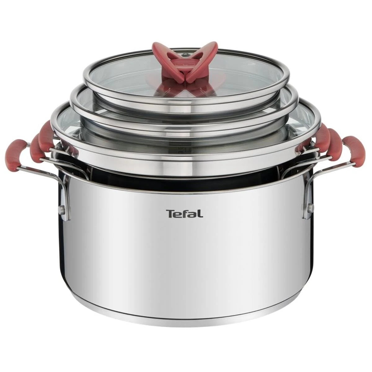 Tefal Optispace Set of 3 Cooking Pots 18/20/24 cm + 3 Lids, Suitable for Induction, Thermo-Fusion, Measuring Marks, Dishwasher and Oven Safe, Stainless Steel