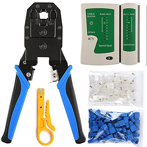 Solsop RJ45 Crimp Tool Kit Cat5e Cat5 Crimping Tool Ethernet Crimping Tool with 50PCS RJ45 CAT5 Connectors, 50PCS Covers, Mini Wire Stripper, LAN Cable Tester
