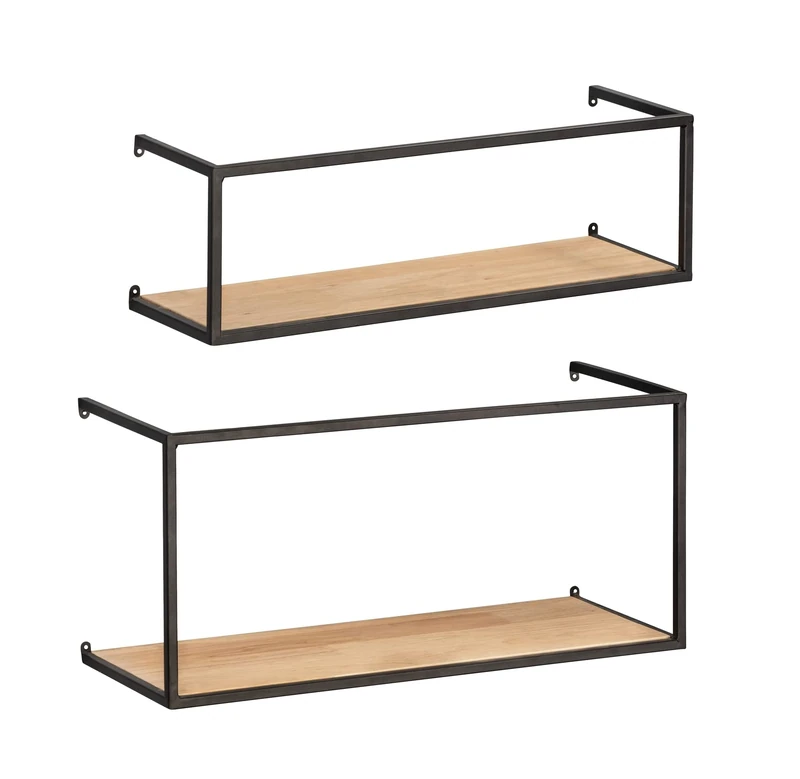 WENKO Wall rack Geo, set of 2, shelf for bottling jars made of metal & pine wood, stylish storage in Industrial design for the entire household, 55 x 25 x 20 cm & 55 x 16 x 15 cm, black/brown