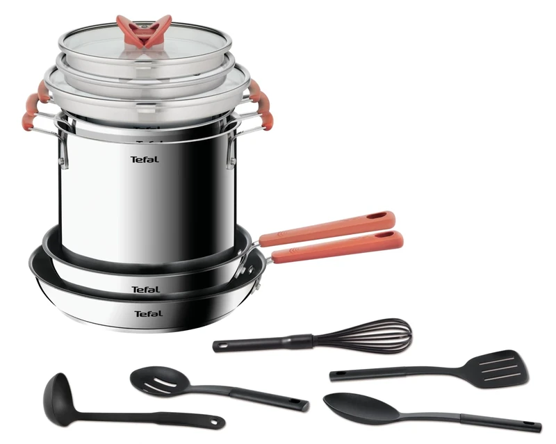 Tefal G721SD74 Opti'Space 13-Piece Pots & Pans Set, Stainless Steel, Stackable, Non-Stick,22cm Pasta Pot, 24 & 28cm Frying Pan +5 Tools