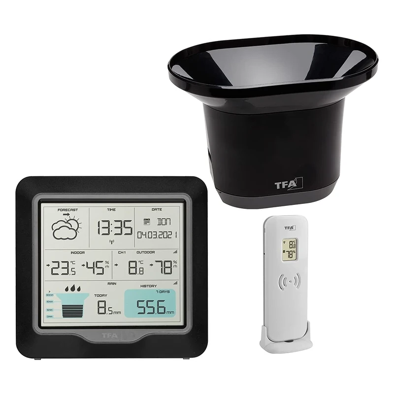TFA Dostmann Rain Pro Wireless Weather Station, 35.1160.01, with Rain Gauge and Outdoor Sensor, Weather Forecast, Indoor/Outdoor Temperature, Humidity, Adjustable Alarm States, Black