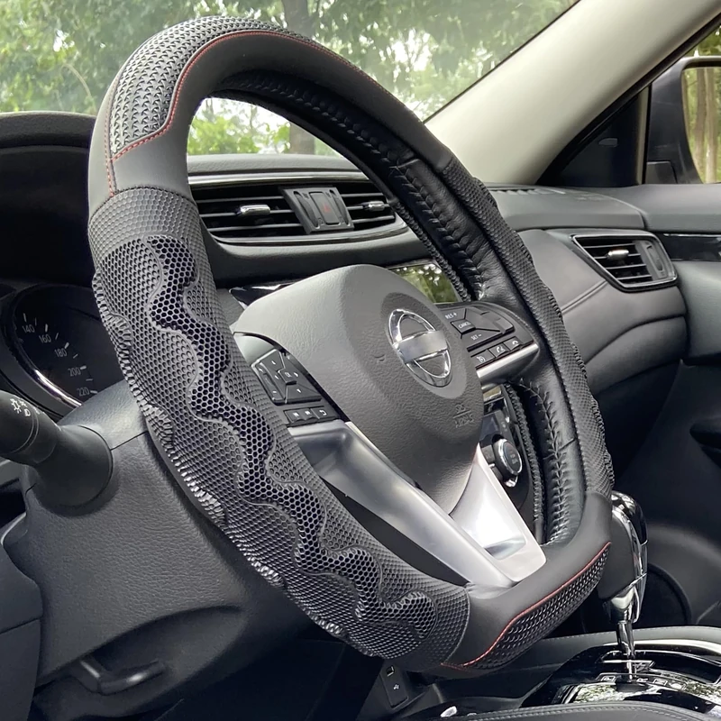 PINCTROT D Shaped 14.5-15 Inch Steering Wheel Cover Great Grip with 3D Honeycomb Anti-Slip Design, Flat Bottom 14.5-15 Inch (Black) - Image 1