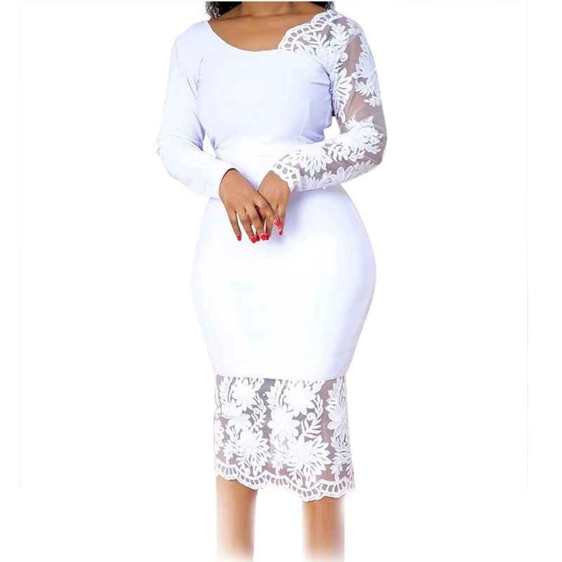 Cololura Women Elegant Floral Lace Patchwork Long Sleeve Evening Gown Party Cocktail Bodycon Dress, White, XXX-Large