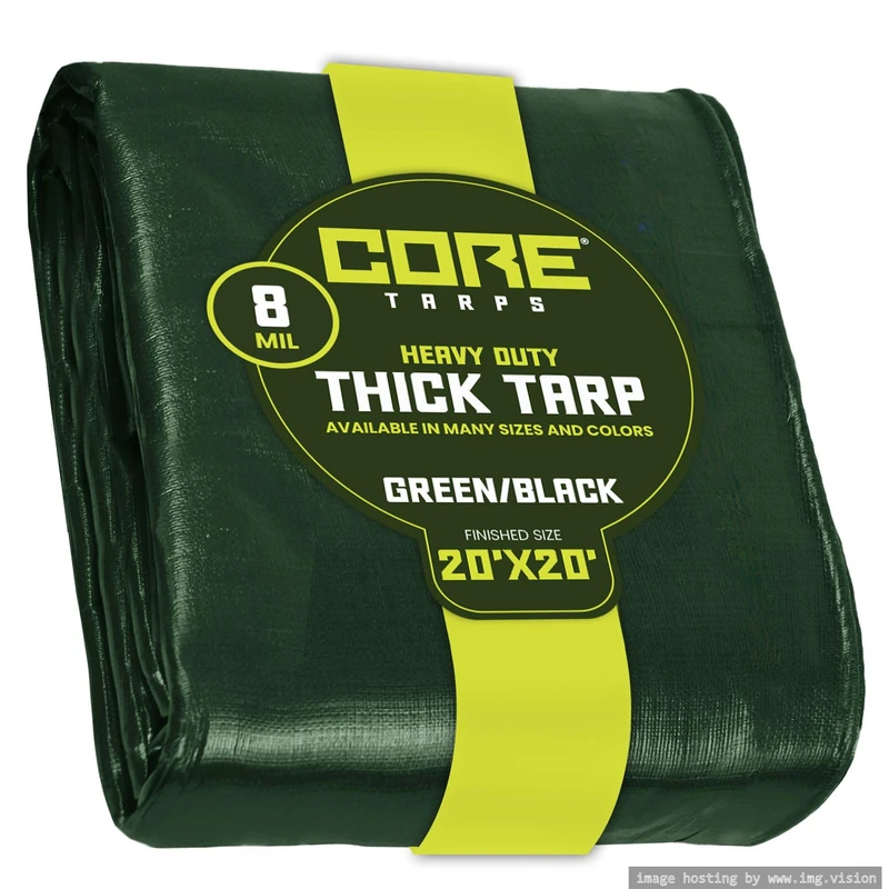 Core Tarp - Tarpaulin Waterproof Heavy Duty(155 g/m²|20′ X 20′ | 6.1m X 6.1m|Green/Black-8 Mil) UV Resistant, Tear Proof, Protective Poly Tarpaulin with Reinforced Edges for Multi-purpose usage