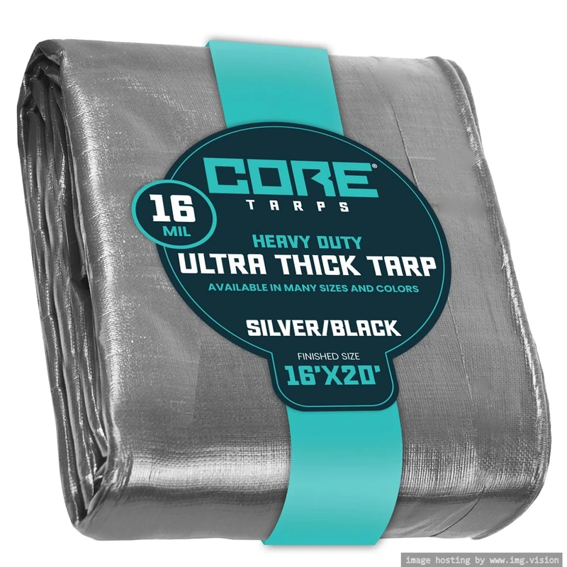 Core Tarp - Tarpaulin Waterproof Heavy Duty(265 g/m²|16′ X 20′ | 4.85m X 6.1m|Silver/Black-16 Mil) UV Resistant, Tear Proof, Protective Poly Tarpaulin with Reinforced Edges for Multi-purpose usage