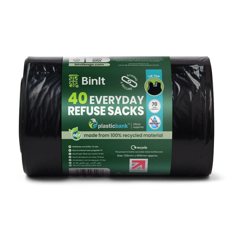 BIN IT 40 Tie Top, Everyday Refuse Sacks, Bin Bags, Bin Liners, 70 Litre, Recycled, Strong, Tear Resistant, 30 μm, Perfect for Every Day Use, Household, Office, Kitchen & Caterers