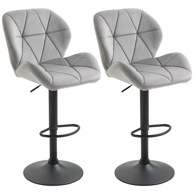 HOMCOM Adjustable Bar Stools Set of 2, Armless Upholstered Swivel Counter Chairs, Barstools with Back, Footrest, Light Grey