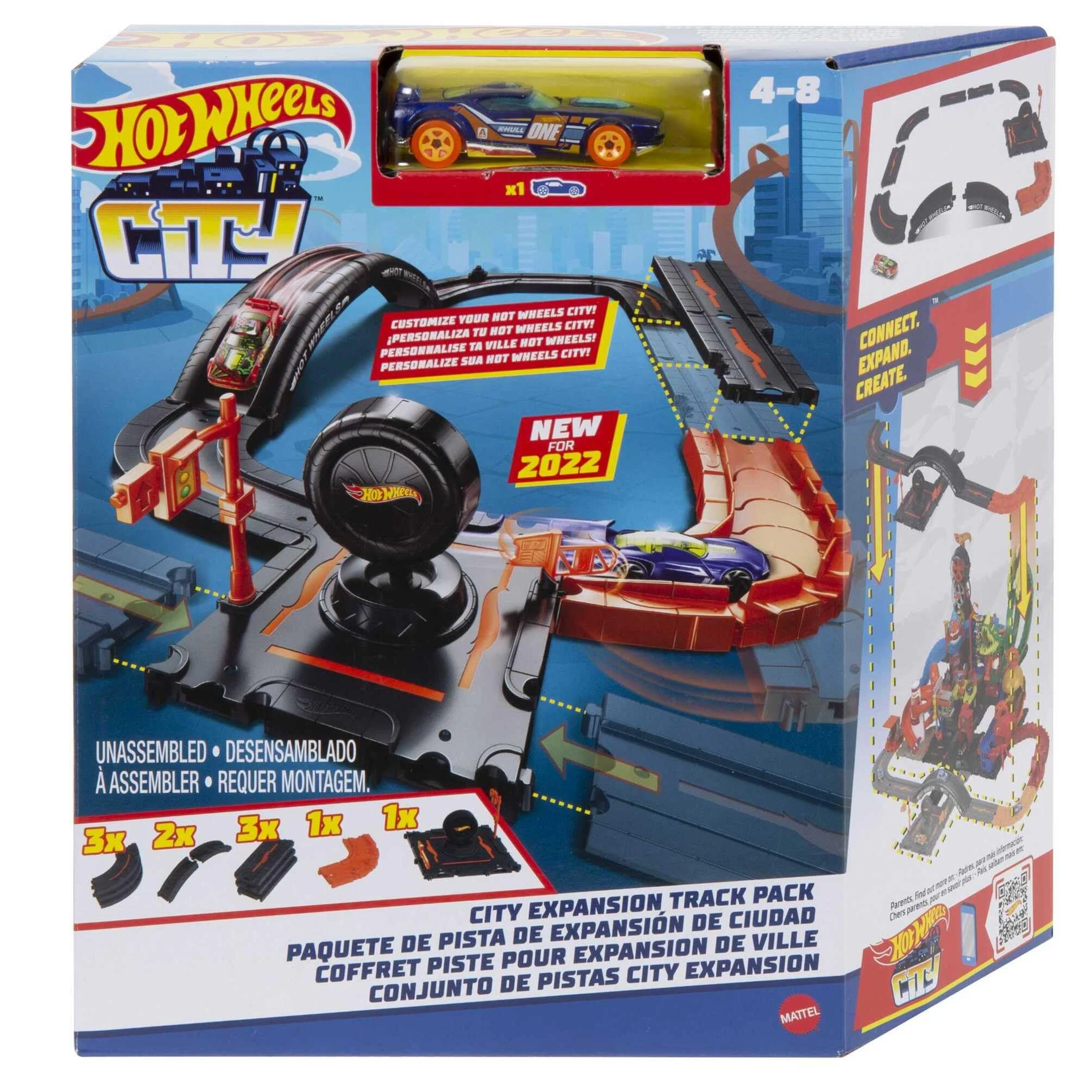 Hot Wheels City Track Pack, 10 Piece Set Includes Track Base & Various Track Pieces to Build a Cityscape, with 1 Hot Wheels Car, Connects to Other Sets, Gift for Kids 4 Years & Up, HDN95